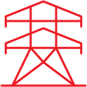 industry-icon-utility-energy Utility power infrastructure icon depicting a high-voltage transmission tower, representing electrical transmission systems, utility networks, power distribution infrastructure, grid reliability, and energy delivery services.